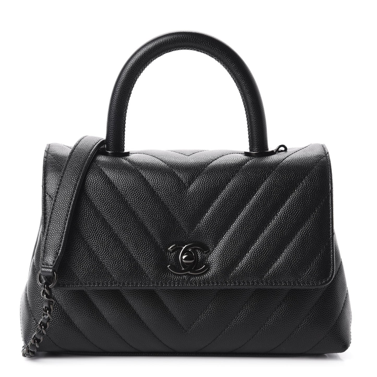 Caviar Chevron Quilted Mini Coco Handle Flap So Black