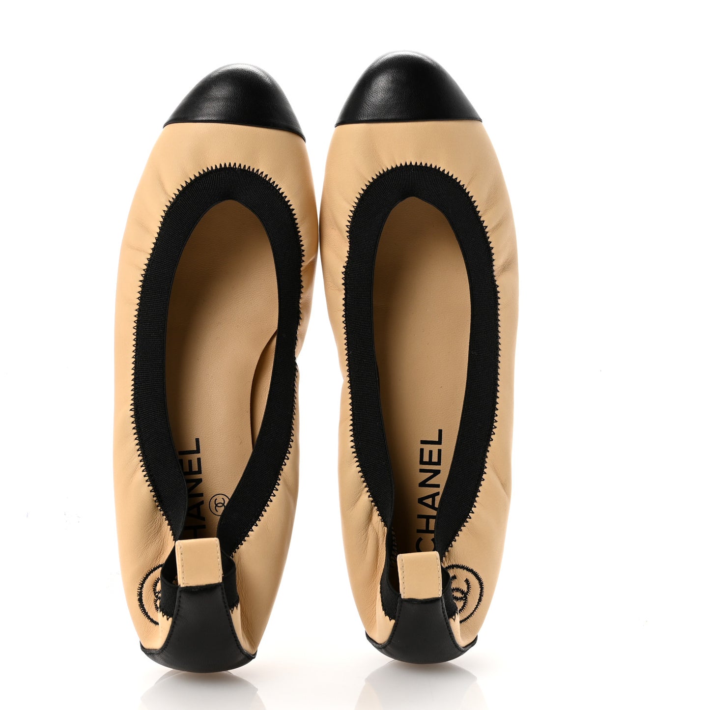 Lambskin CC Elastic Cap Toe Ballerina Flats 40 Beige Black