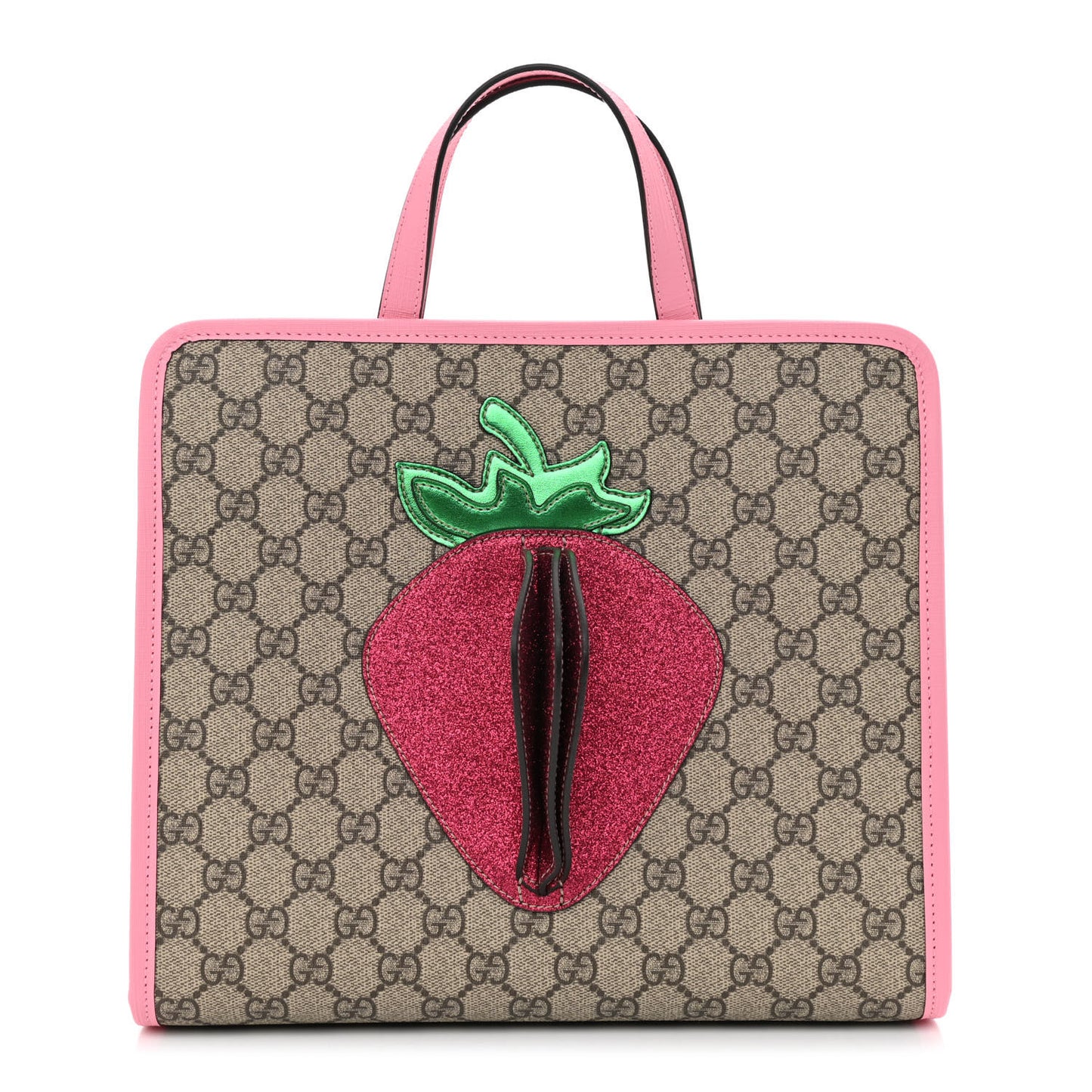 GG Supreme Monogram 3-D Strawberry Childrens Tote Beige Ebony Lotus Pink Fuxia Emerald