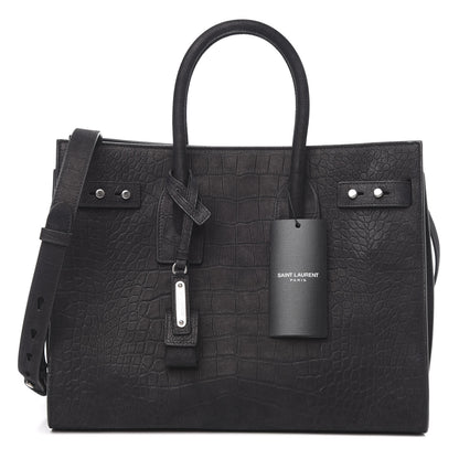 Saint Laurent Crocodile Embossed Suede Small Supple Sac de Jour Black 1 of 8