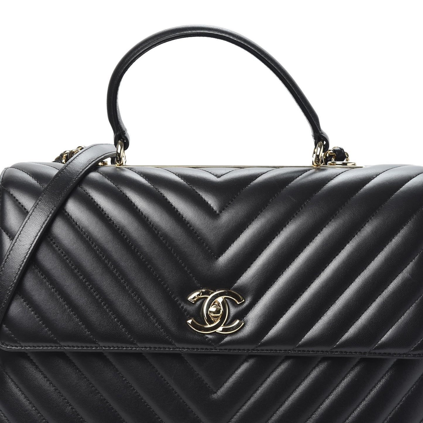 Lambskin Chevron Quilted Large Trendy CC Dual Handle Flap Bag Black