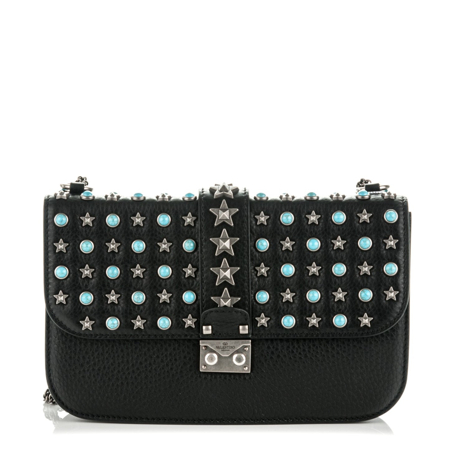 Pebbled Calfskin Star Studded Medium Lock Flap Black
