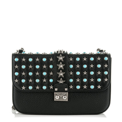 Valentino Garavani Pebbled Calfskin Star Studded Medium Lock Flap Black 1 of 6