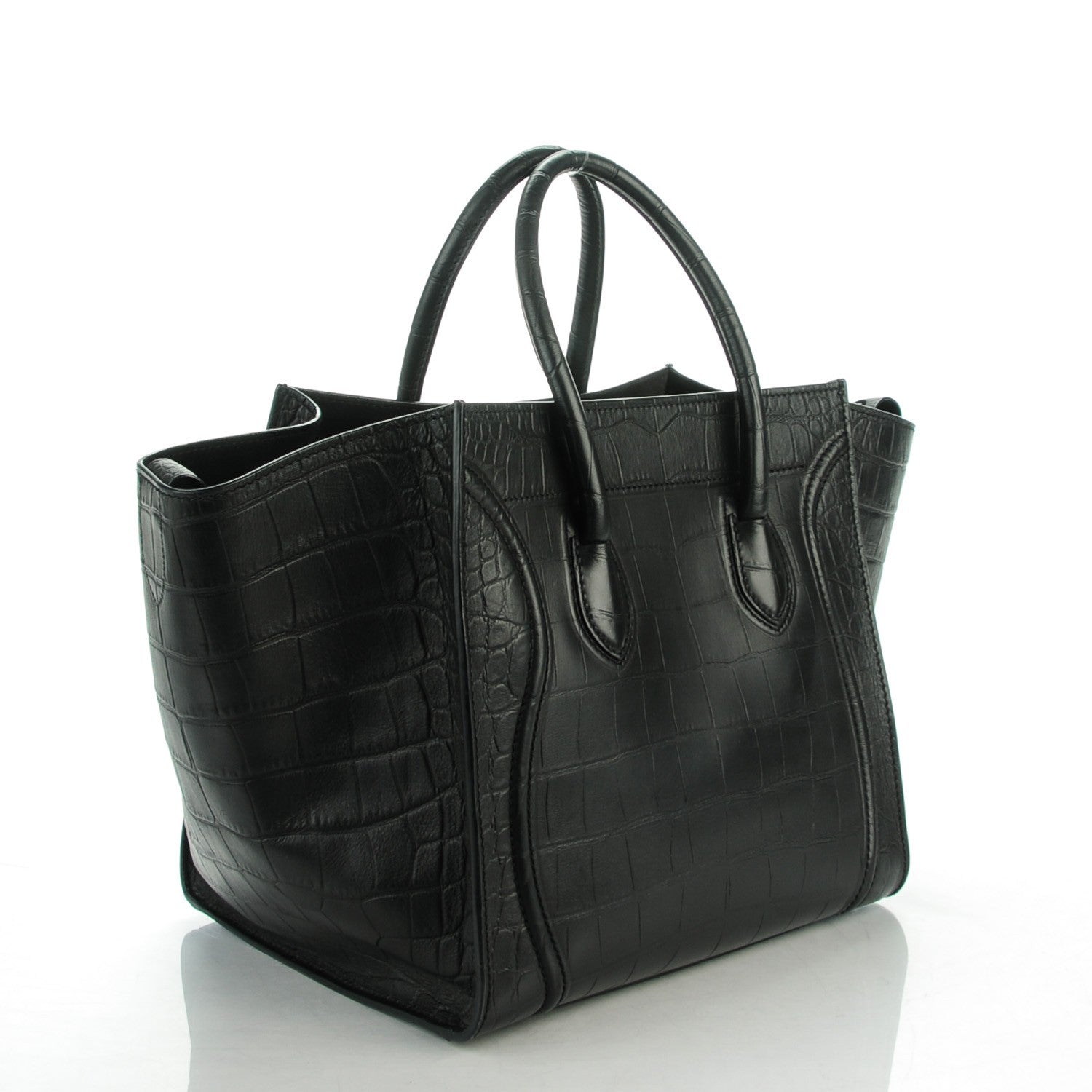 Celine Crocodile Embossed Calfskin Medium Phantom Luggage Black 3 of 8