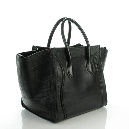 Celine Crocodile Embossed Calfskin Medium Phantom Luggage Black 3 of 8
