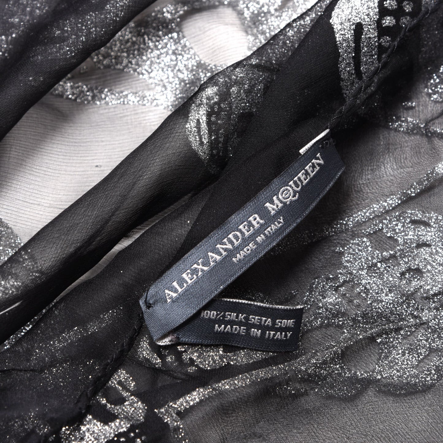 Silk Glitter Skull Scarf Black Silver