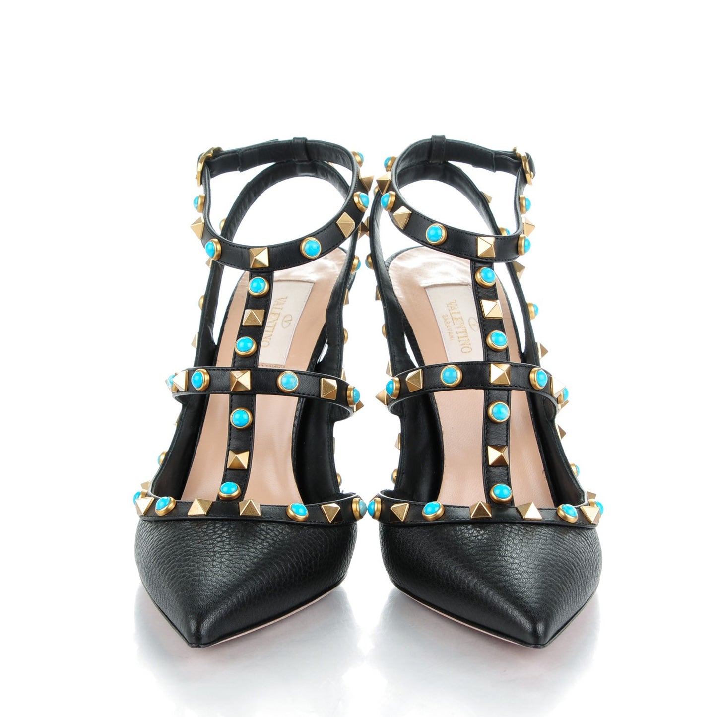 Pebbled Calfskin Turquoise Rockstud Rolling Ankle Strap 100mm Pumps 39 Black