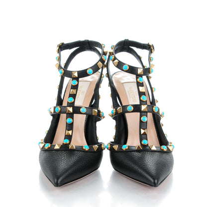 Valentino Garavani Pebbled Calfskin Turquoise Rockstud Rolling Ankle Strap 100mm Pumps 39 Black 2 of 8