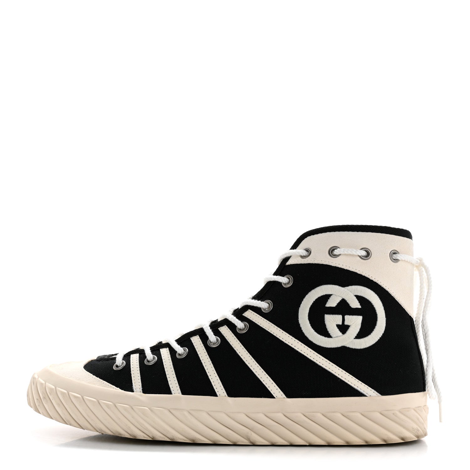 Gucci Canvas New Lace Mens Tortuga High Top Sneakers 9 Black White 1 of 14