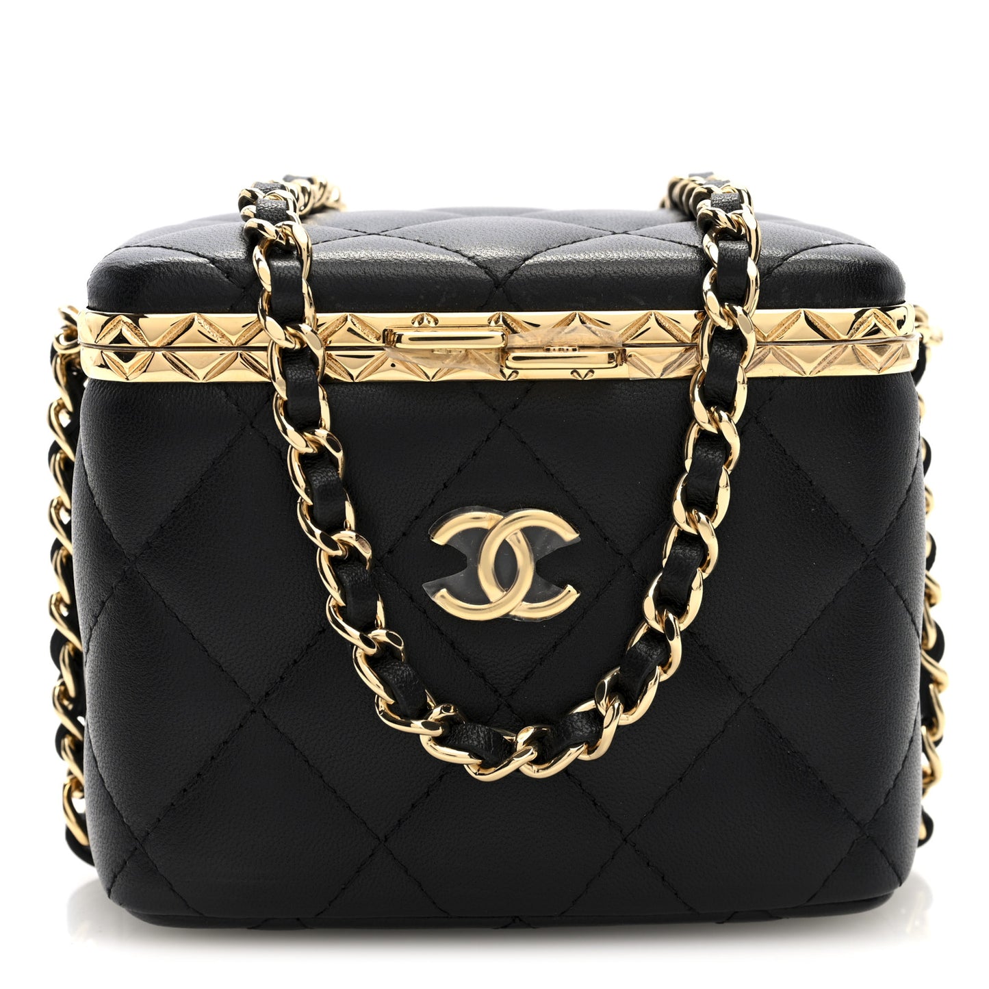 Metal Lambskin Quilted Small Vanity With Chain Black