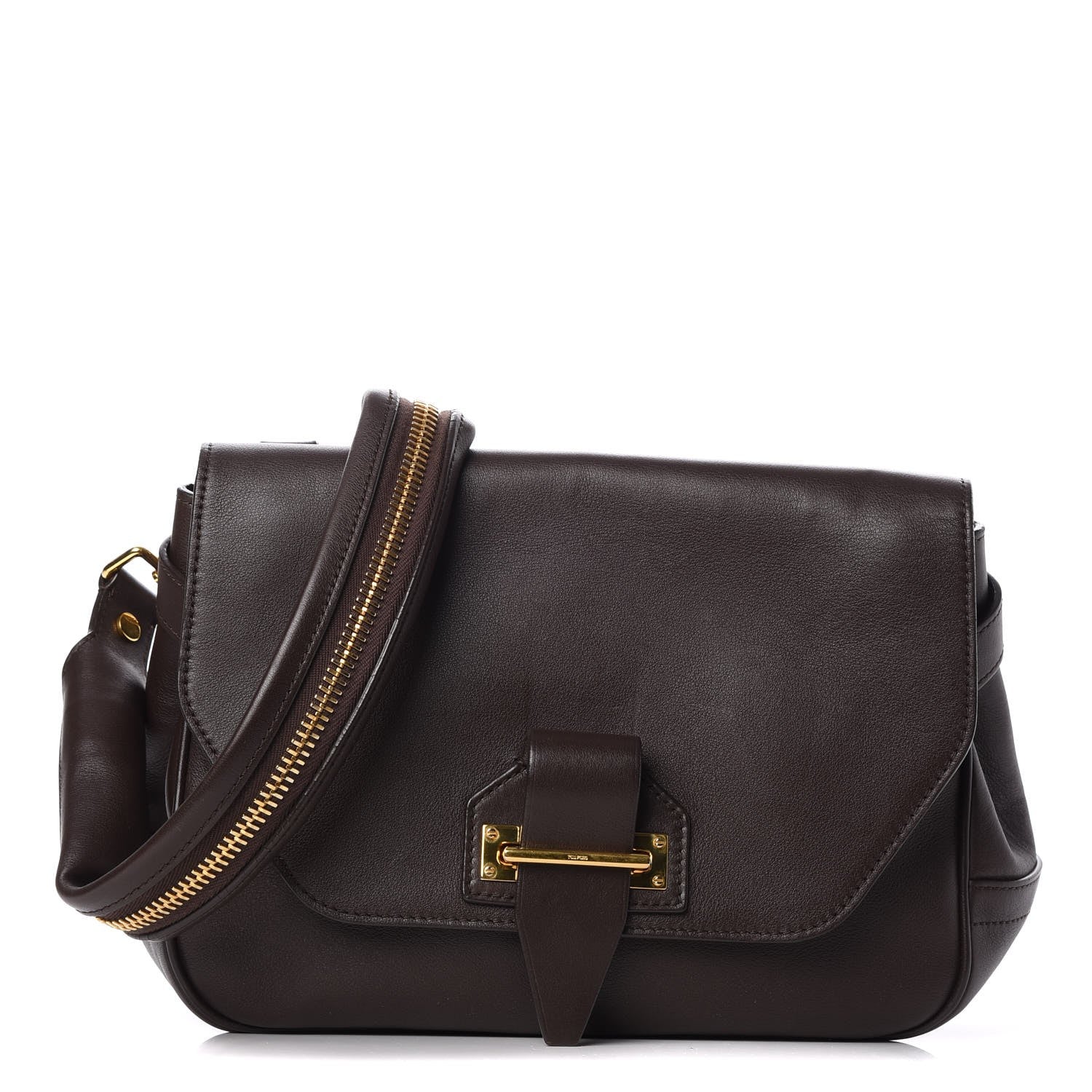 Tom Ford Calfskin Zipper Strap Shoulder Bag Dark Brown 1 of 8