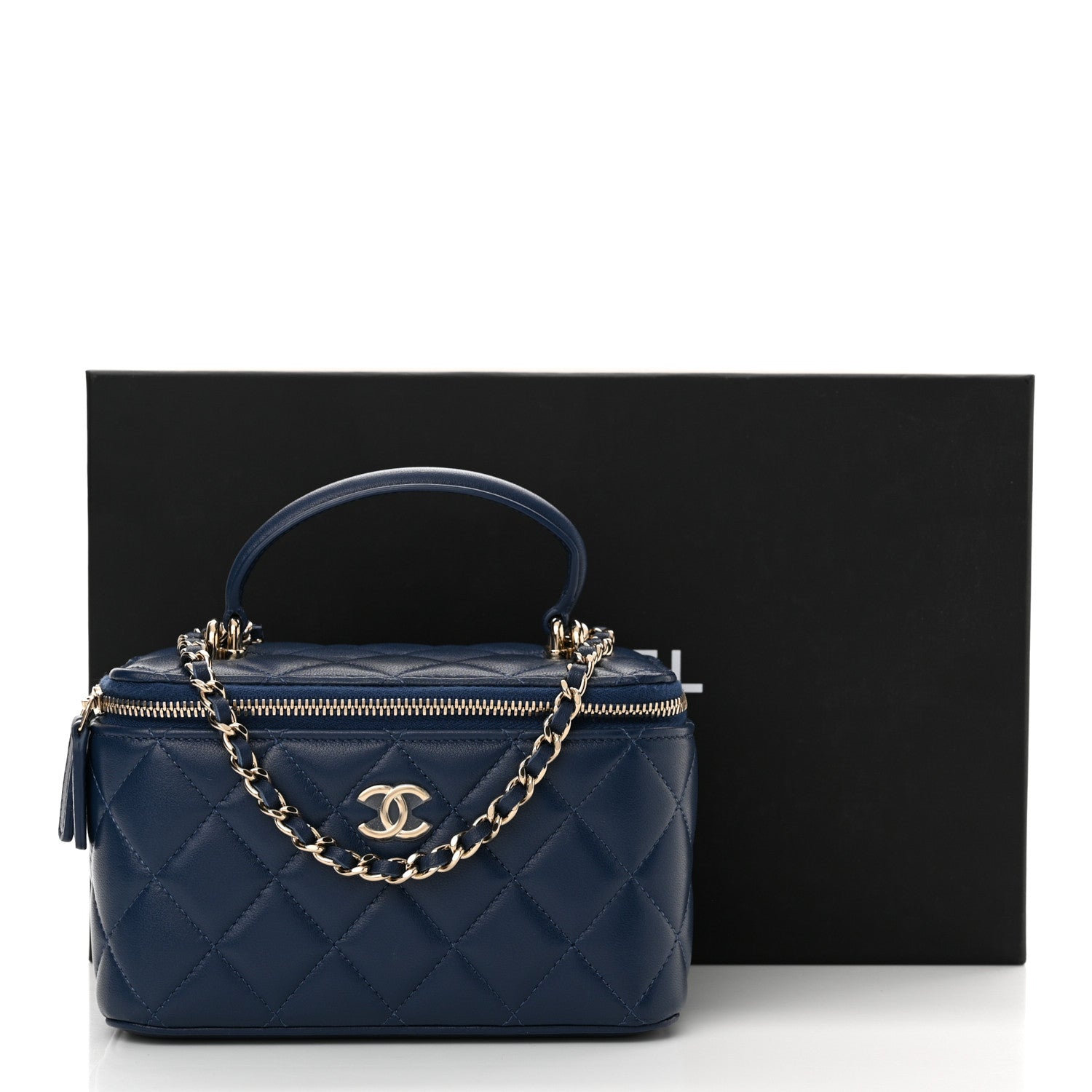 Chanel Lambskin Quilted Small Top Handle Vanity Case With Chain Dark Blue 11 of 11