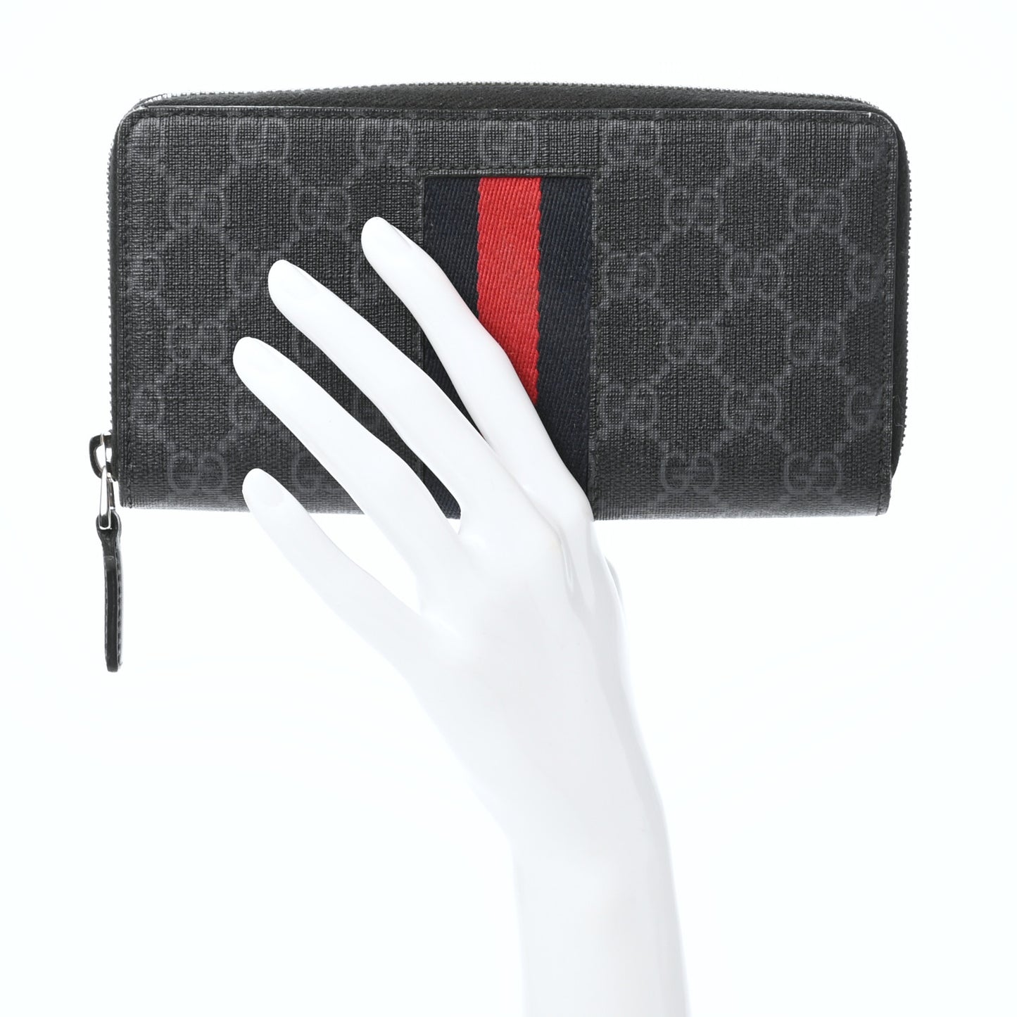 GG Supreme Monogram Web Zip Around Wallet Black Grey