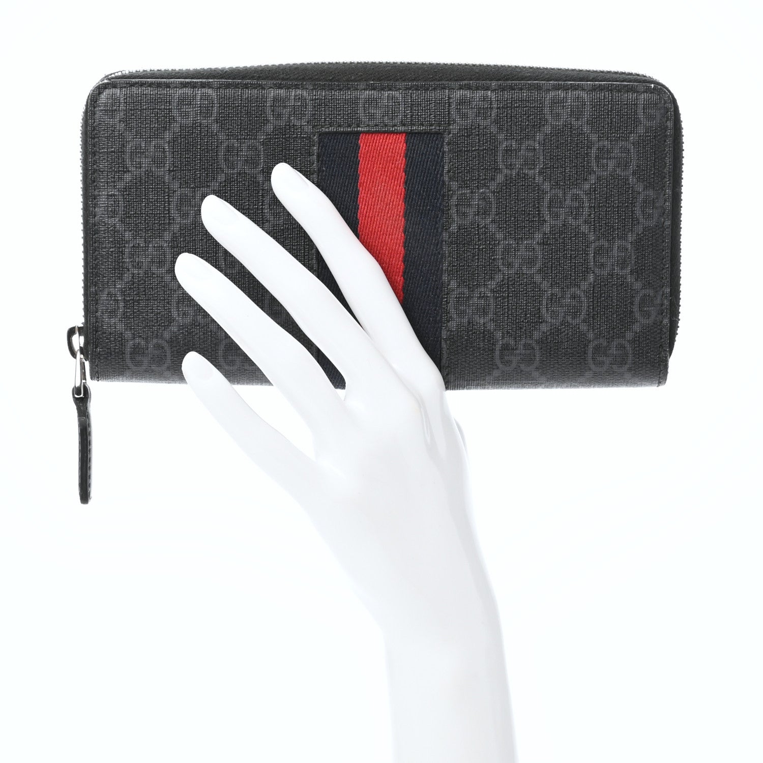 Gucci GG Supreme Monogram Web Zip Around Wallet Black Grey 2 of 7