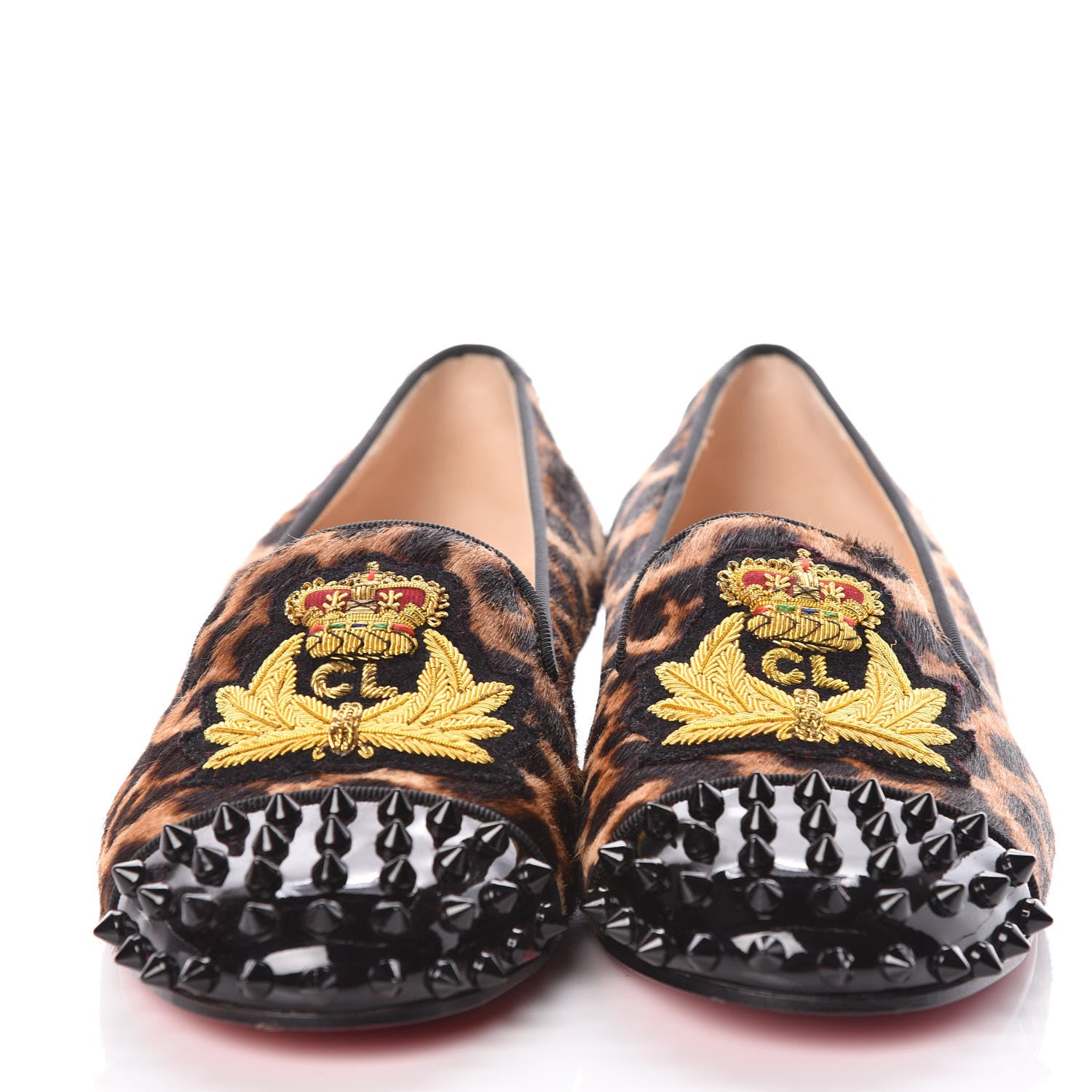 Christian Louboutin Pony Hair Print Spikes Womens Intern Flat Loafers 37 Leopard Black 2 of 7