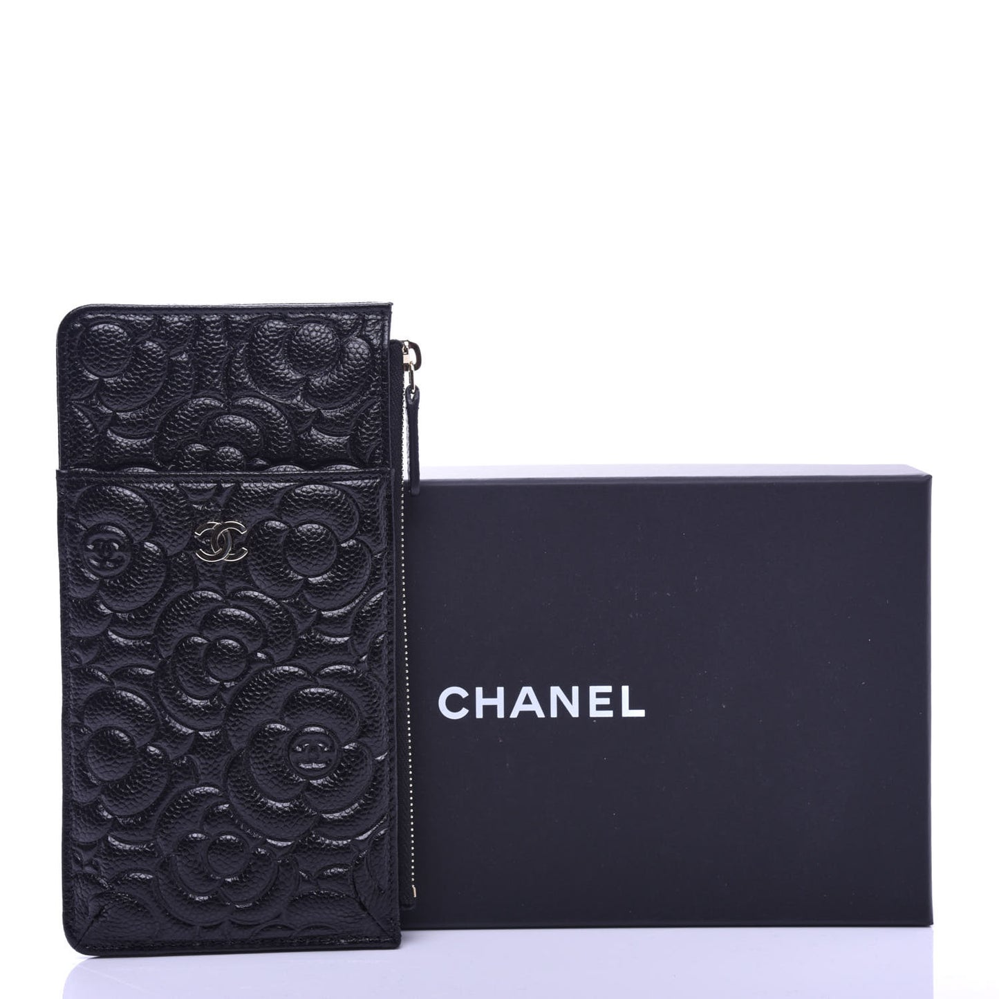 Caviar Camellia Embossed Classic Flat Wallet Pouch Black