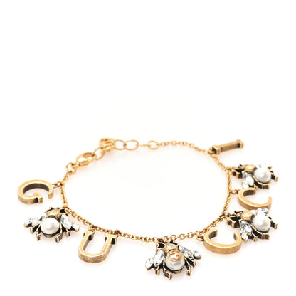 Gucci Crystal Pearl Bee Logo Charm Bracelet Aged Gold 1 of 6