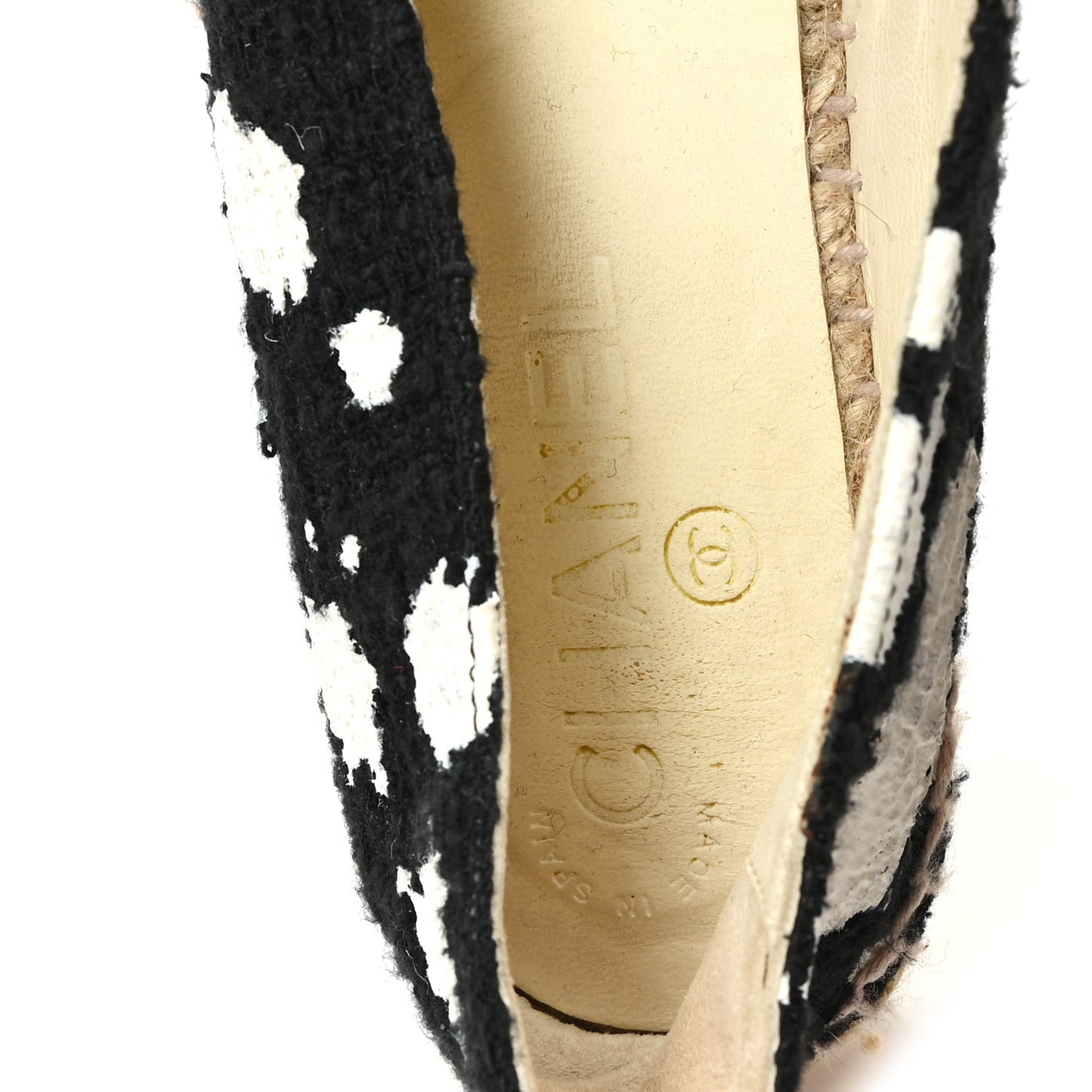 Patent Tweed Splatter Paint Print Cap Toe CC Espadrilles 36 Black White