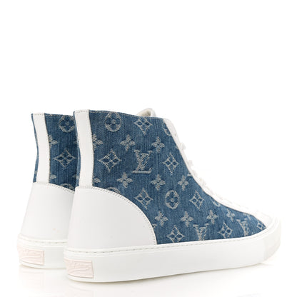 Louis Vuitton Calfskin Denim Monogram Mens Tattoo Sneaker Boots 11 White Blue 5 of 12