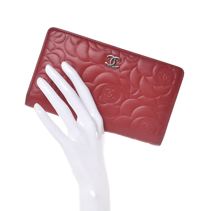 Chanel Lambskin Camellia Embossed Yen Wallet Dark Red 2 of 8
