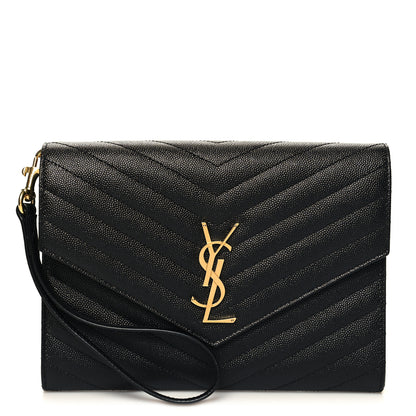 Saint Laurent Grain De Poudre Matelasse Chevron Monogram Envelope Clutch Black 1 of 10