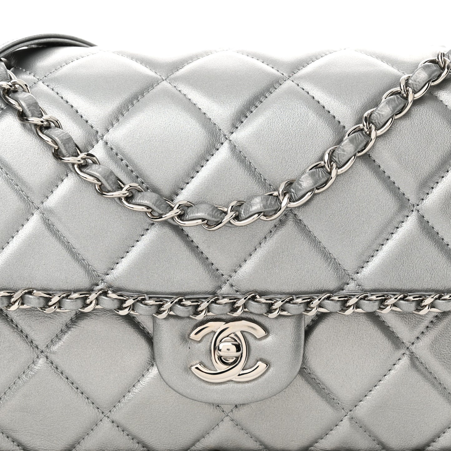 Metallic Lambskin Medium Chain All Over Flap Silver