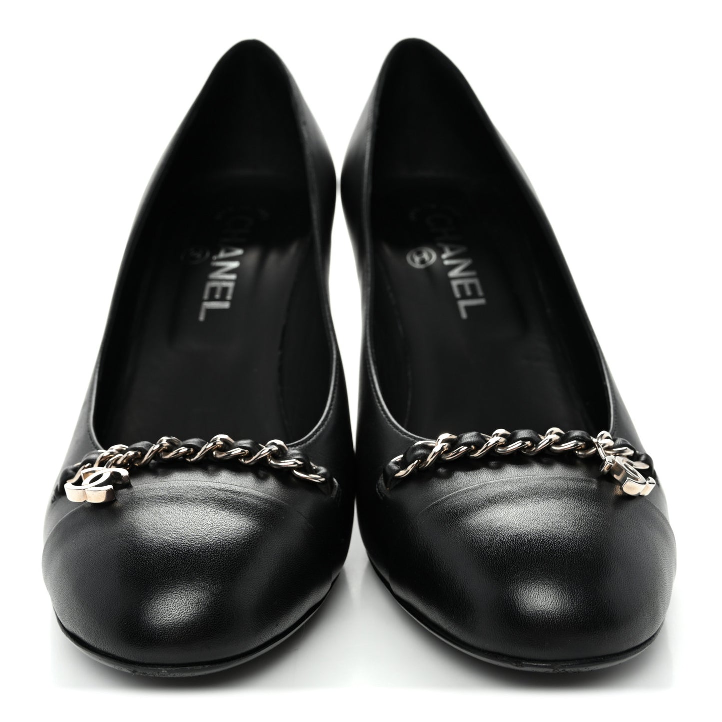 Calfskin CC Cap Toe Chain Pumps 39 Black
