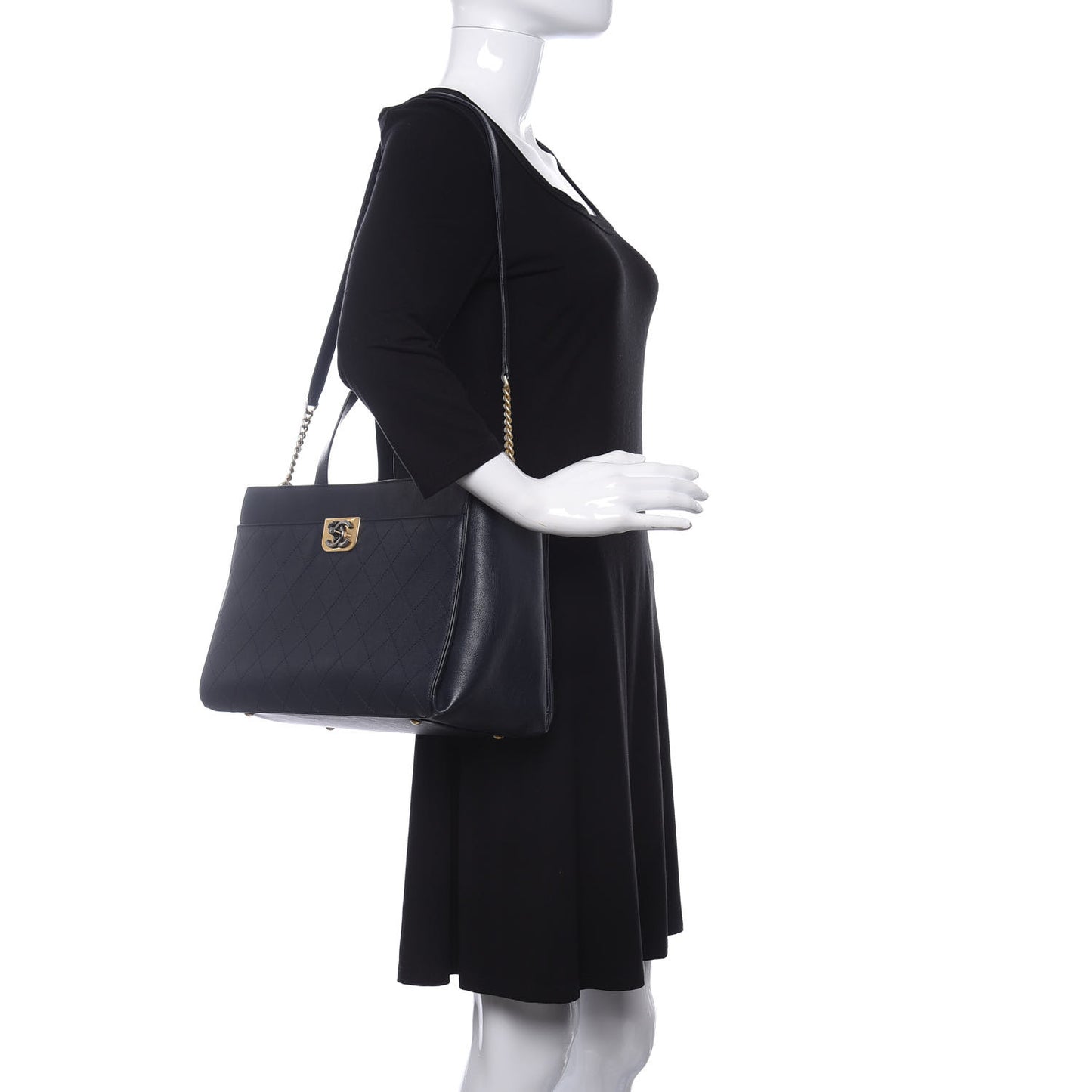 Calfskin Stitched Large Straight Lines Shopping Tote Navy