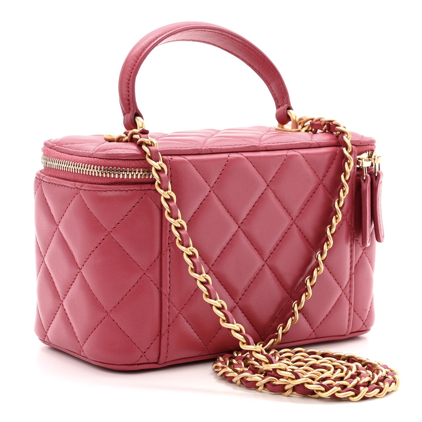 Lambskin Quilted Small Top Handle Vanity Case With Chain Dark Pink