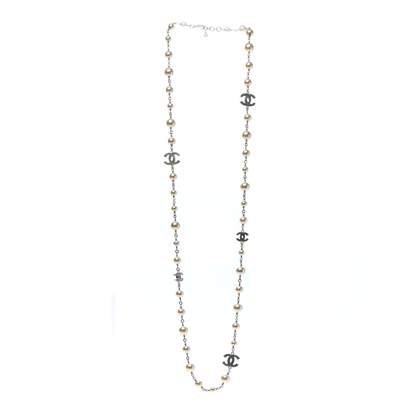 Crystal Pearl CC Long Necklace Silver