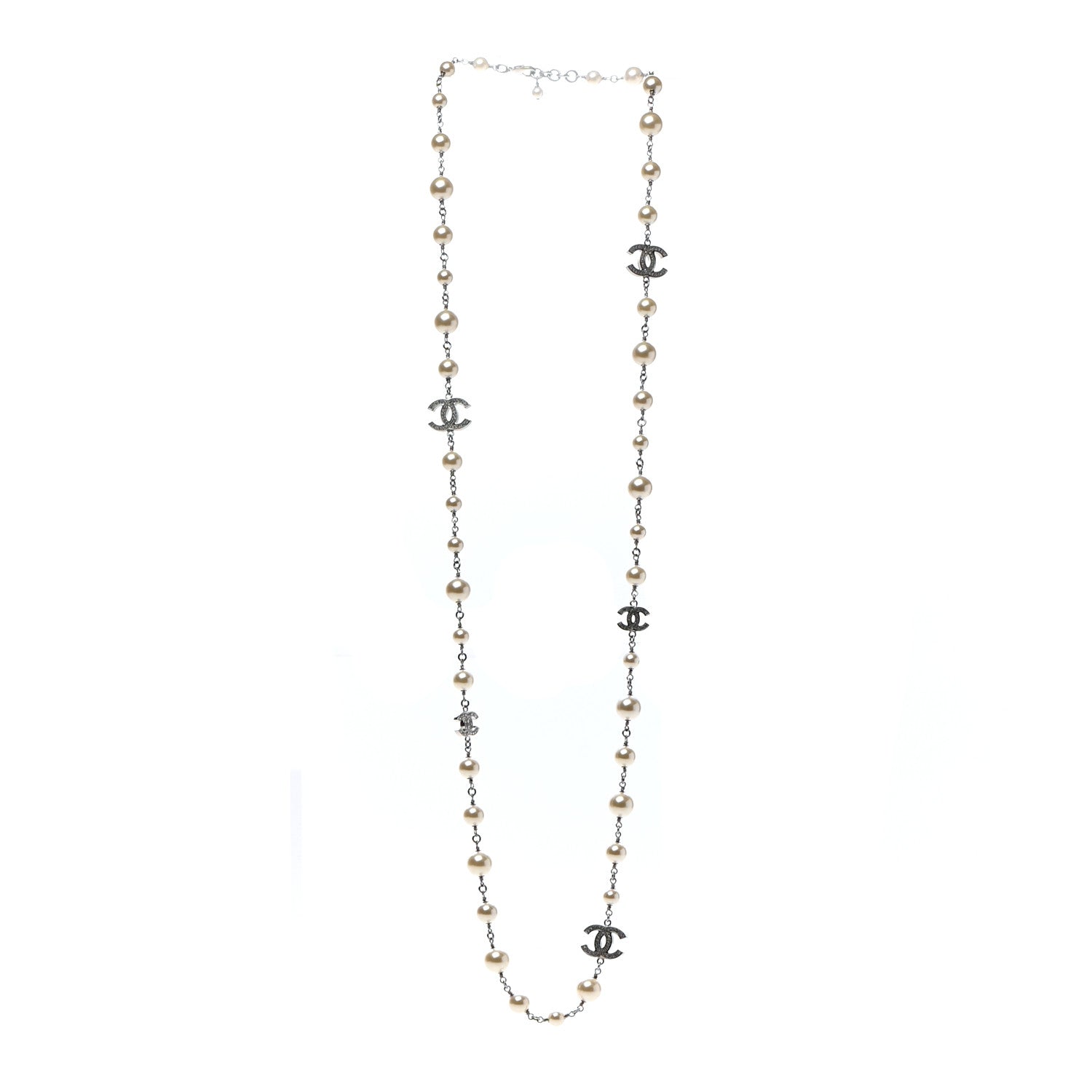 Chanel Crystal Pearl CC Long Necklace Silver 3 of 5