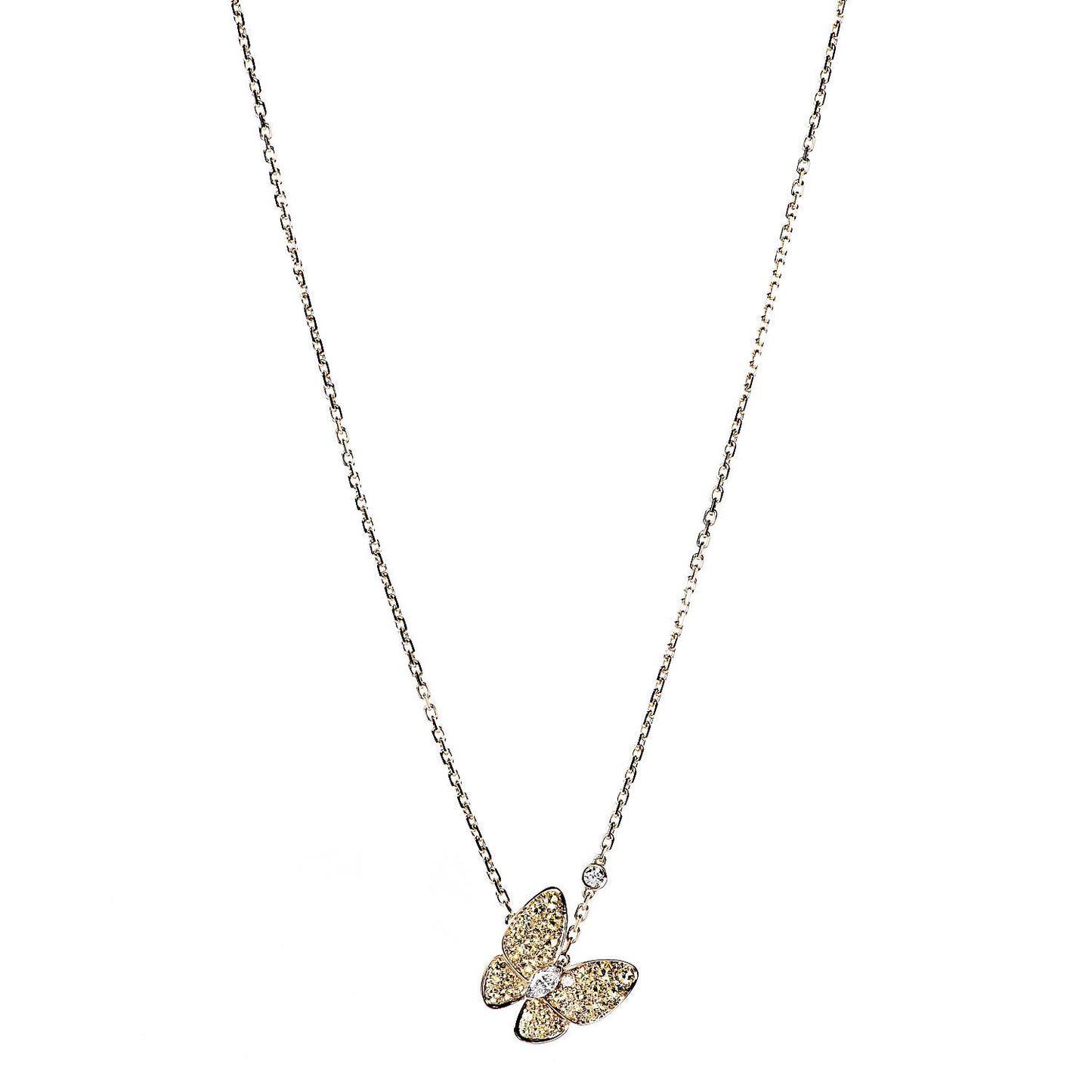 18K Yellow Gold Diamond Yellow Sapphire Two Butterfly Pendant Necklace
