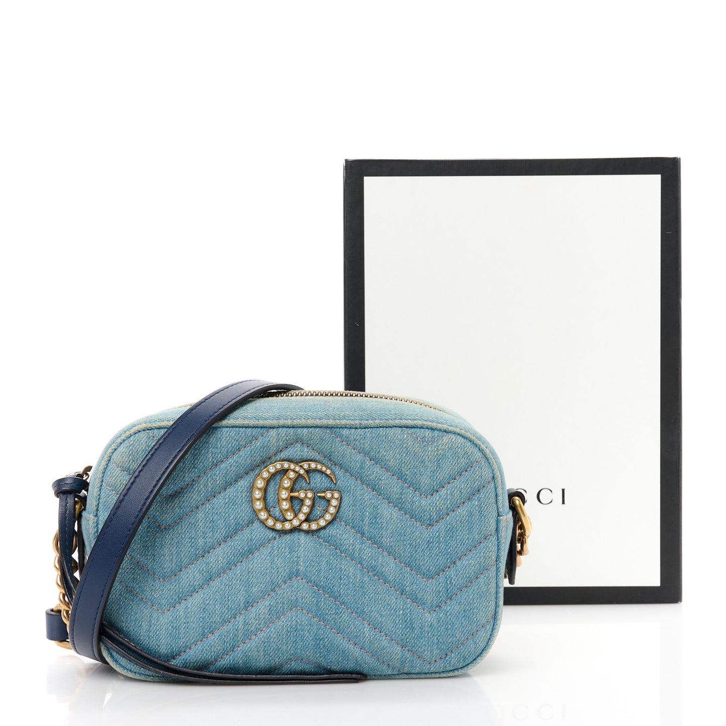 Denim Matelasse Mini Pearly GG Marmont Chain Shoulder Bag Blue