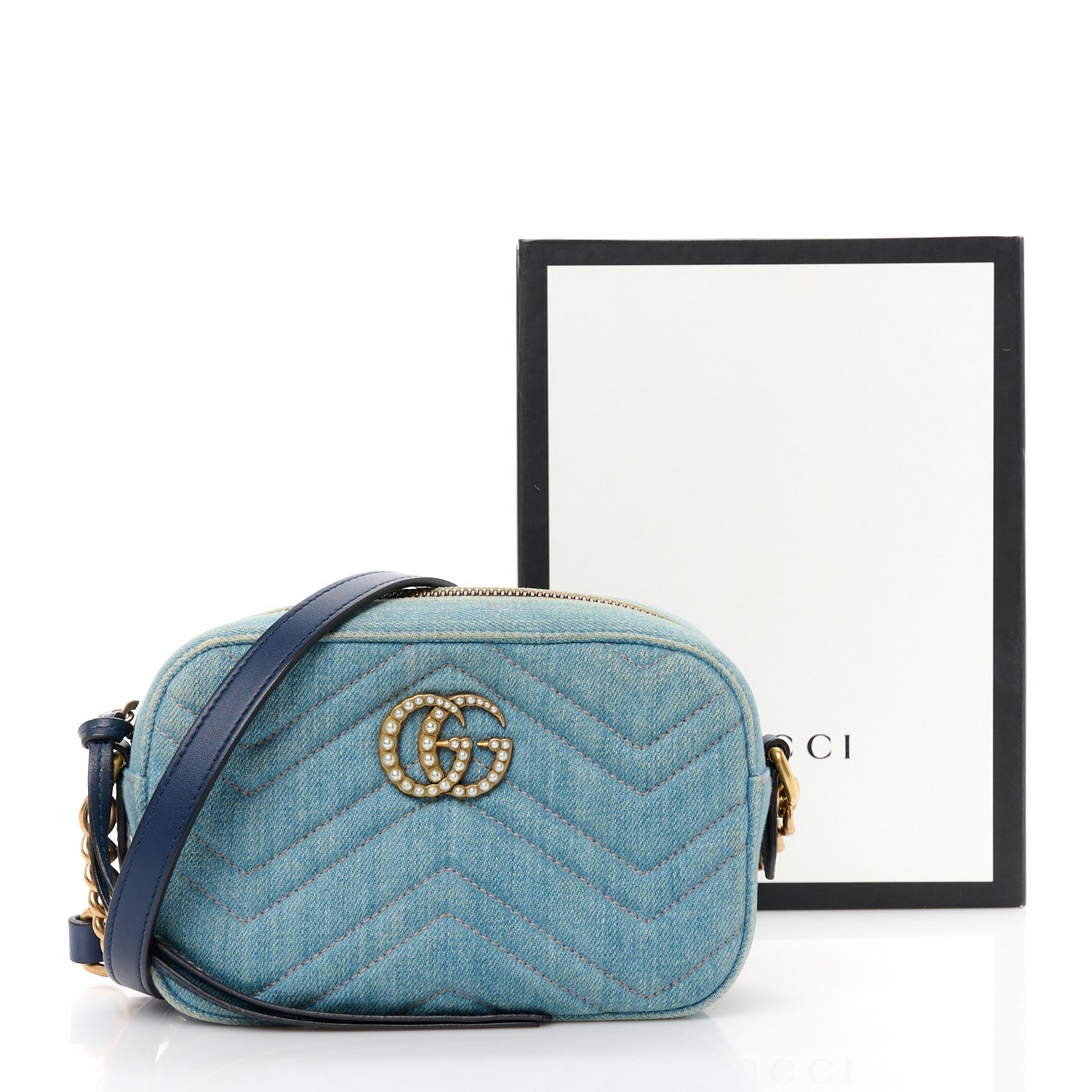 Gucci Denim Matelasse Mini Pearly GG Marmont Chain Shoulder Bag Blue 12 of 12