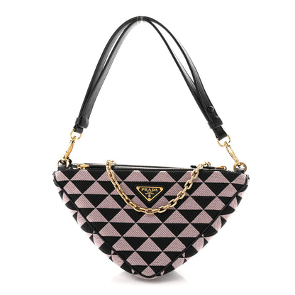 Prada Jacquard Calfskin Triangolo Symbole Embroidered Mini Triangle Double Bag Black Alabastro 1 of 10