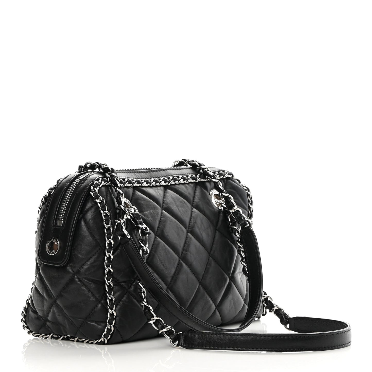 Crumpled Calfskin Quilted Chain All Over Shoulder Bag Black