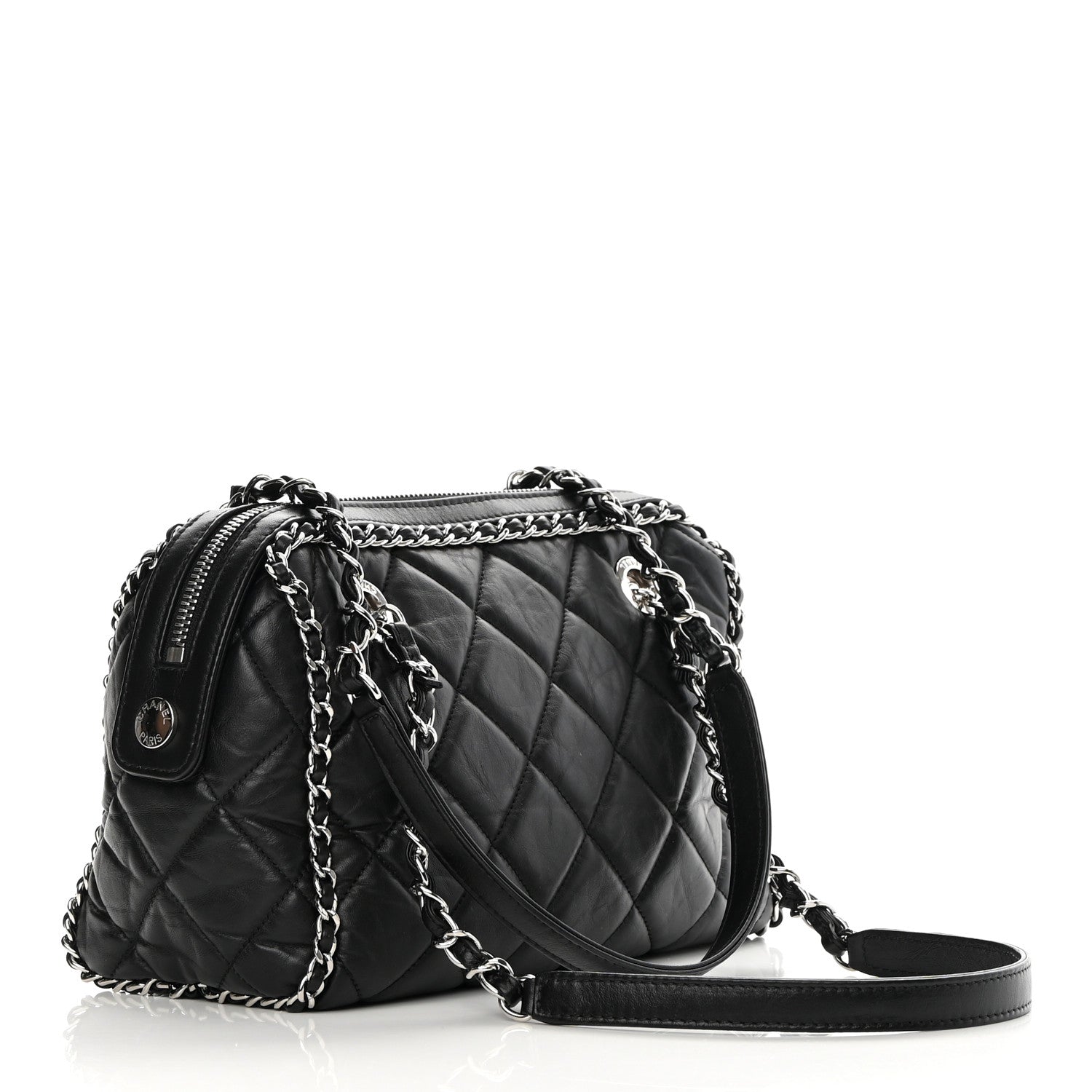 Chanel Crumpled Calfskin Quilted Chain All Over Shoulder Bag Black 3 of 10