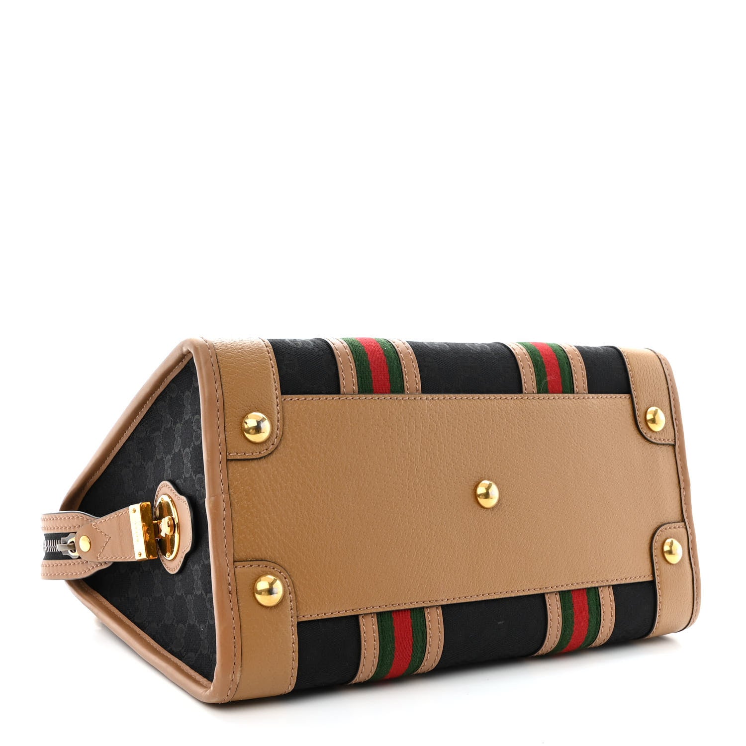 Gucci Monogram Textured Dollar Calfskin Web Medium Bauletto Duffle Top Handle Bag Black Koi Beige 4 of 15