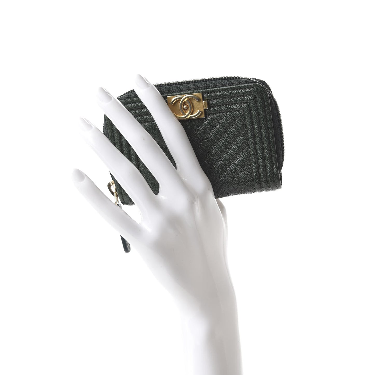 Caviar Chevron Quilted Boy Zip Around Coin Purse Wallet Dark Green