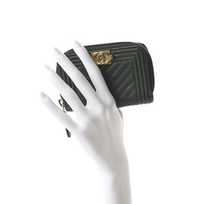 Chanel Caviar Chevron Quilted Boy Zip Around Coin Purse Wallet Dark Green 2 of 11