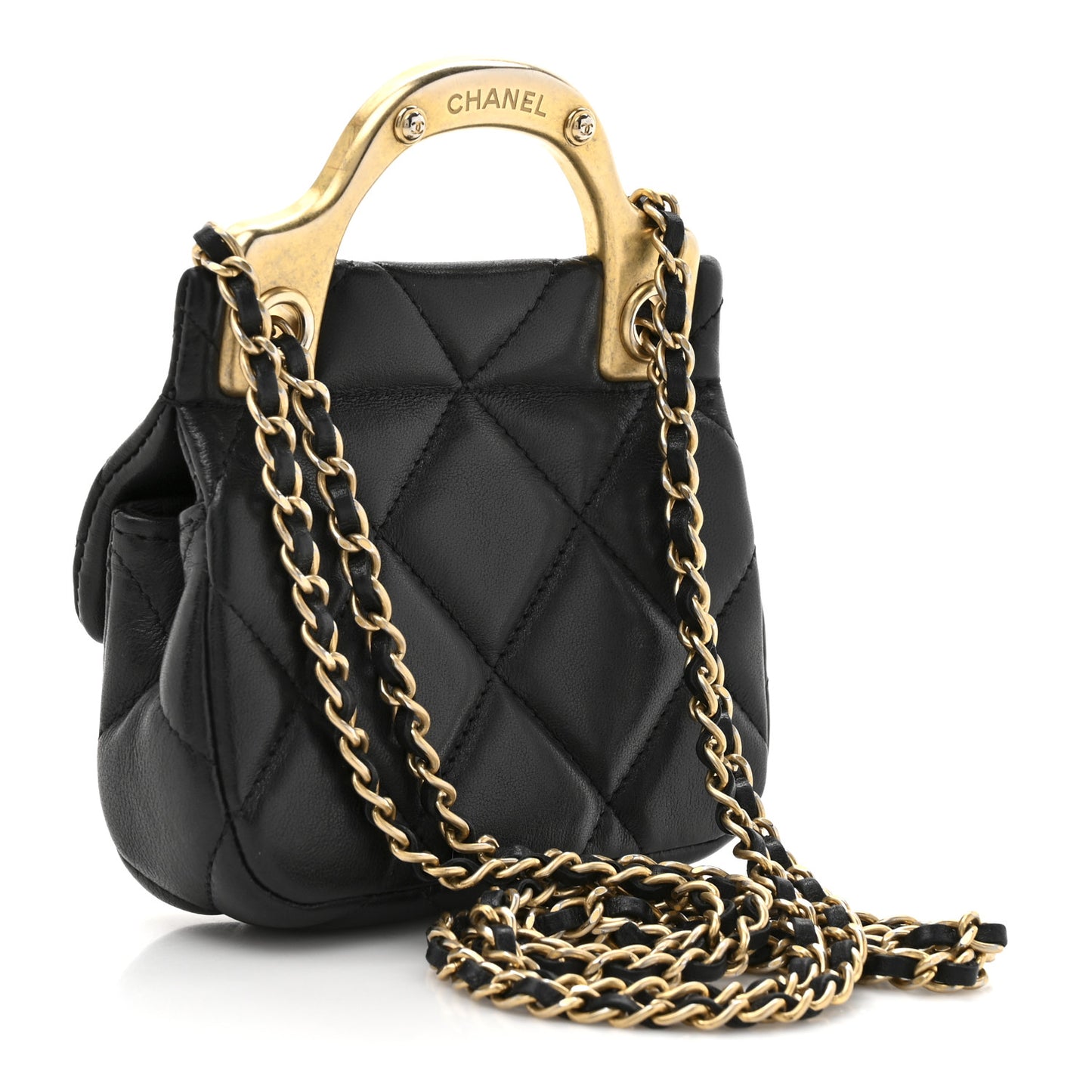 Calfskin Quilted Lady Handle Flap Card Holder With Chain Black