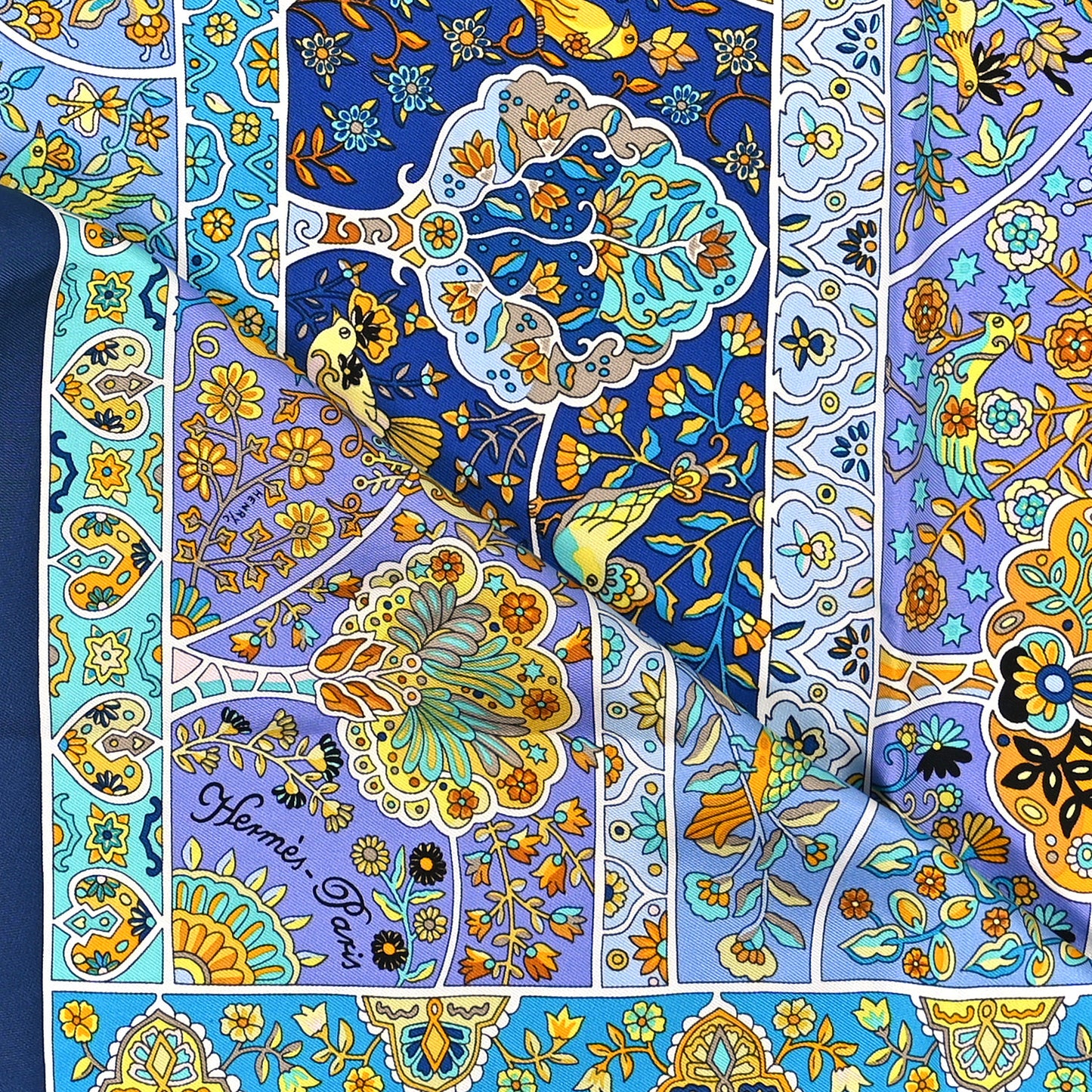 Silk Au Pays Des Oiseaux Fleurs Scarf 90 Marine Turquoise Jaune