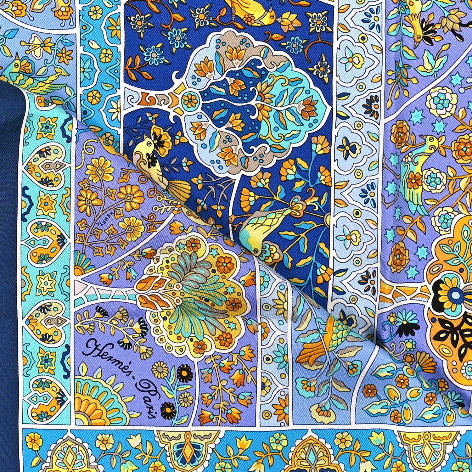 Hermes Silk Au Pays Des Oiseaux Fleurs Scarf 90 Marine Turquoise Jaune 2 of 4