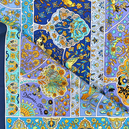 Hermes Silk Au Pays Des Oiseaux Fleurs Scarf 90 Marine Turquoise Jaune 2 of 4