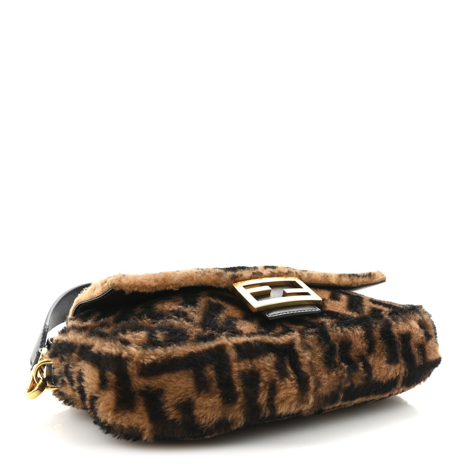 Fendi Shearling Vitello Dolce Macro FF 1974 Baguette Tobacco Black