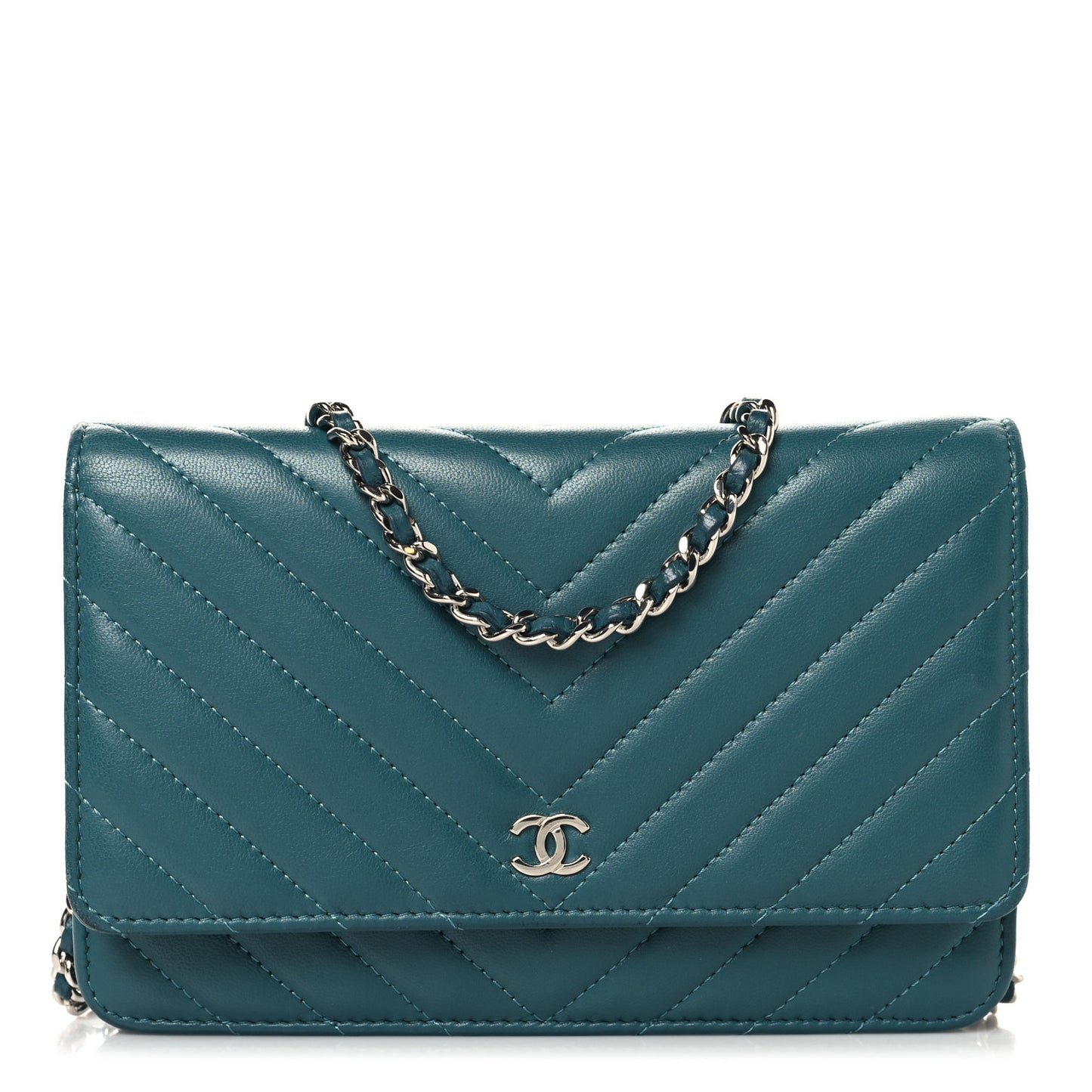 Lambskin Chevron Quilted Wallet On Chain WOC Turquoise