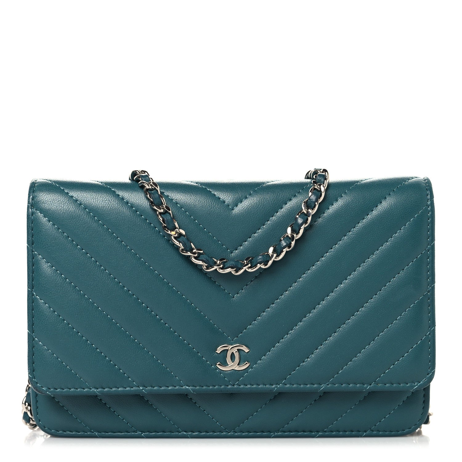 Chanel Lambskin Chevron Quilted Wallet On Chain WOC Turquoise 1 of 13