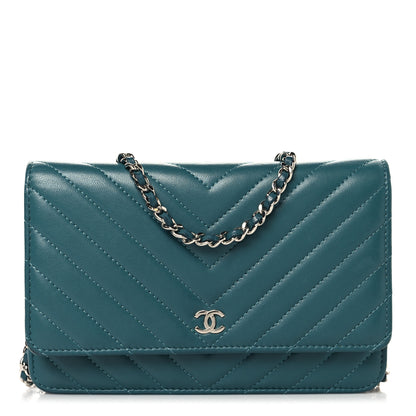 Chanel Lambskin Chevron Quilted Wallet On Chain WOC Turquoise 1 of 13
