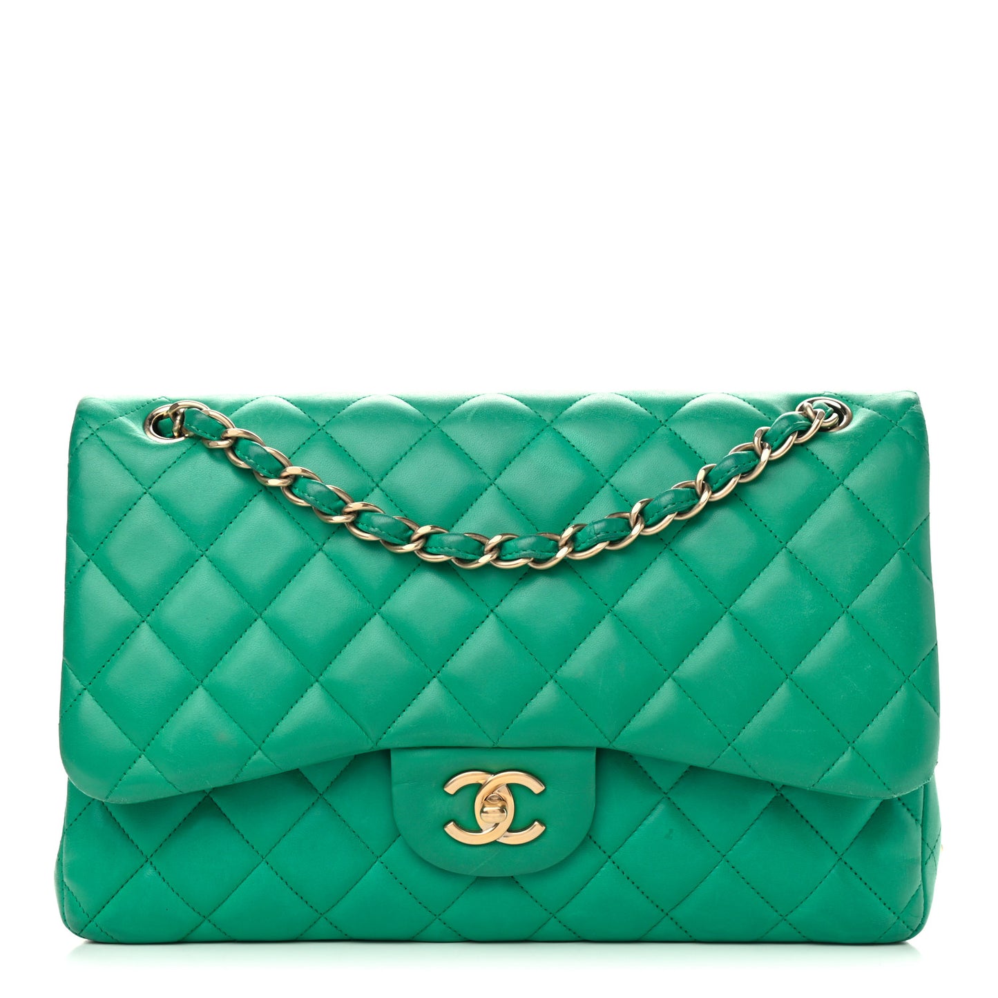 Lambskin Quilted Jumbo Double Flap Green