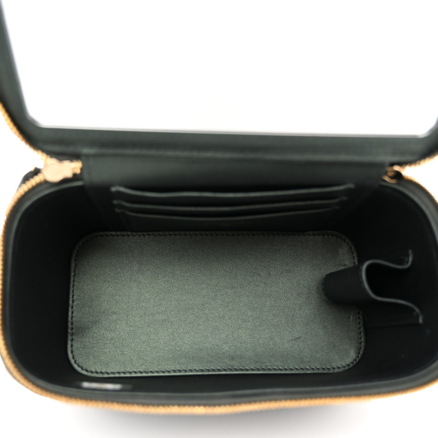 Iridescent Lambskin Quilted Small Top Handle Vanity Case With Chain Green
